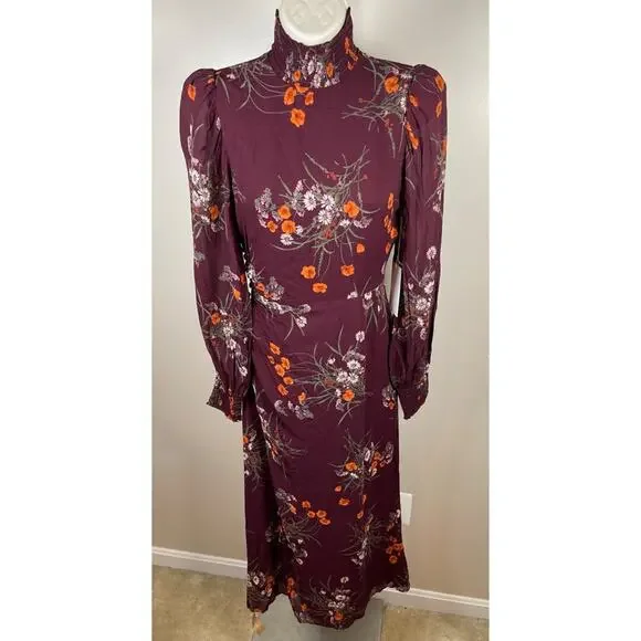 Reformation Aude Floral Smocked Georgette Turtleneck Long Sleeve Midi Dress Sz 0 - Picture 2 of 8
